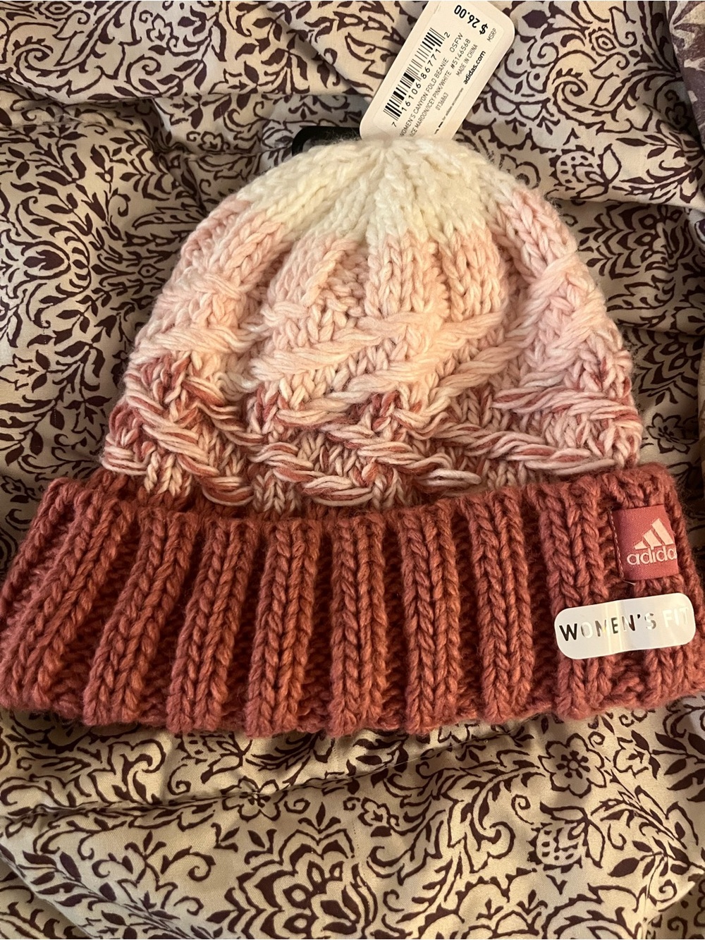 adidas Women's Gradient Cable Knit Pom Beanie in Rose and Cream